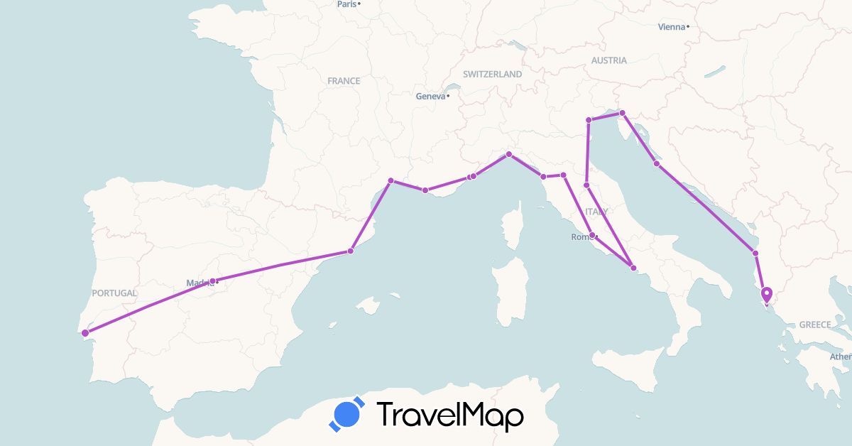 TravelMap itinerary: driving, train in Albania, Spain, France, Greece, Croatia, Italy, Monaco, Portugal (Europe)