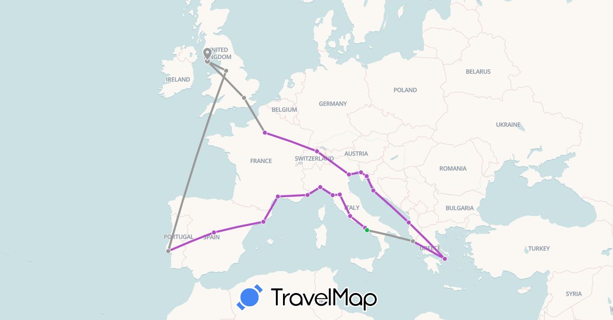 TravelMap itinerary: driving, bus, plane, train in Albania, Switzerland, Spain, France, United Kingdom, Greece, Croatia, Isle of Man, Italy, Monaco, Portugal (Europe)